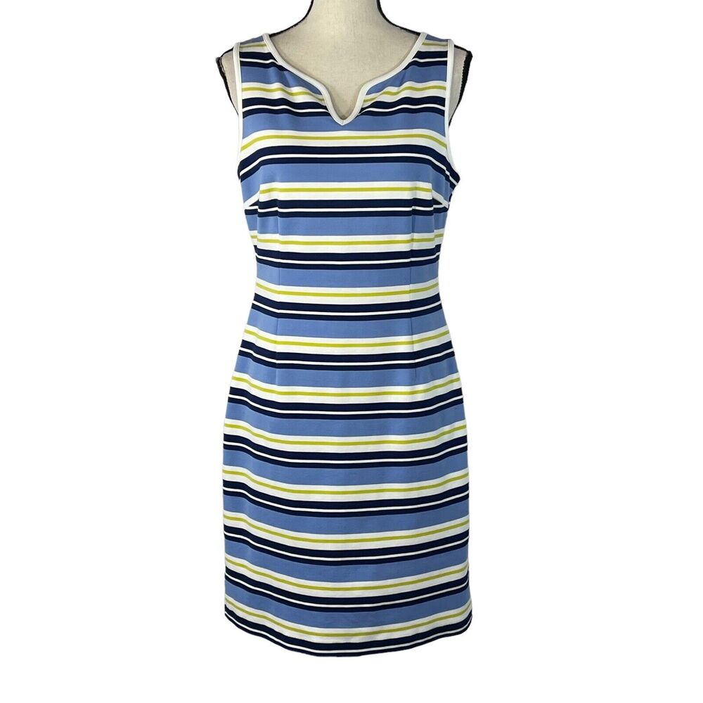 Ann Taylor SZ 8 Bodycon Dress Striped Sleeveless Stretch V-Neck Rear Zipper